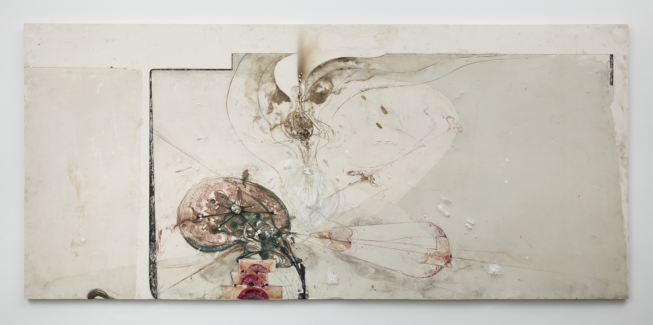 <i>Untitled (Multinuss)</i>, 2022. Intaglio and watercolor on plaster composite, 44 1/4 x 98 5/8 in (112.5 x 250.5 cm)